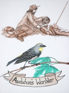 Audubon's Warbler on a branch with John James Audubon decapitating a dead solider above. Artwork by Teresa Dendy